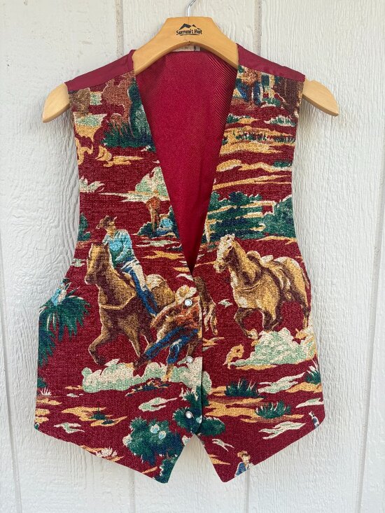 Mirrors Jackets & Blazers - Vintage Mirrors Western Tapestry Vest Women's Large Red Horses Pearl Button 90s
